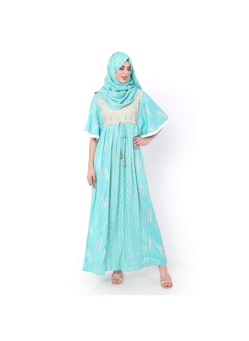 HANA & SARA - AQUA BLUE COLOUR WITH EMBROIDERED AND PRINTED ARABIC JALABIYA DRESS - Image 1