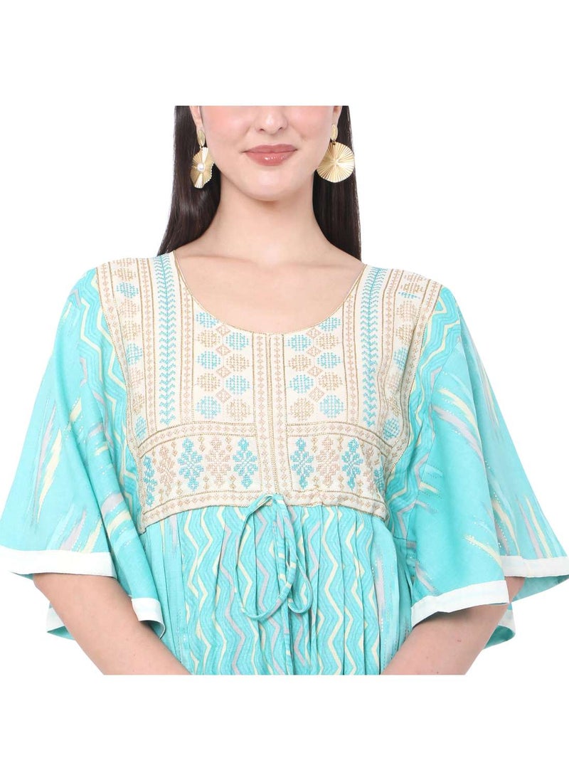 HANA & SARA - AQUA BLUE COLOUR WITH EMBROIDERED AND PRINTED ARABIC JALABIYA DRESS - Image 1