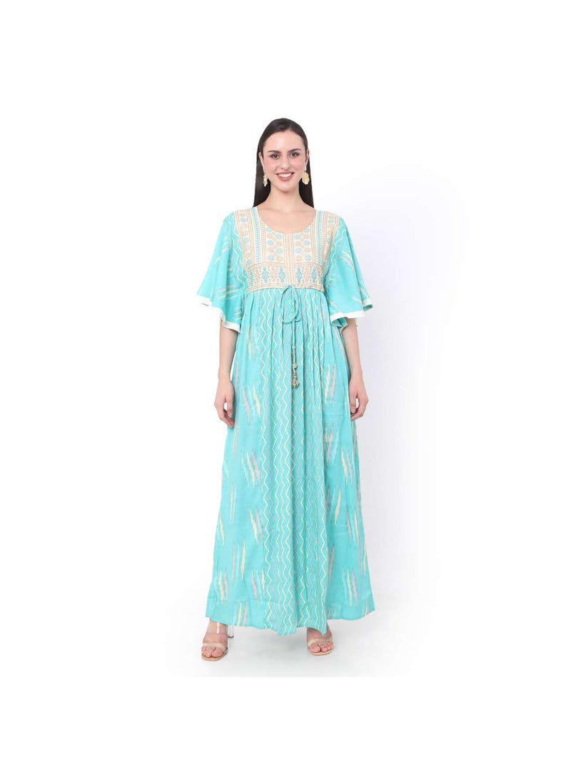 HANA & SARA - AQUA BLUE COLOUR WITH EMBROIDERED AND PRINTED ARABIC JALABIYA DRESS - Image 1