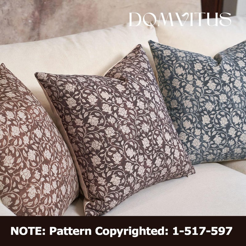 DOMVITUS Floral Pillow Covers, 24x24 Throw Pillows for Couch, Block Print Decorative Neutral Accent Pillow, 1PC, Dusty Blue - Image 5