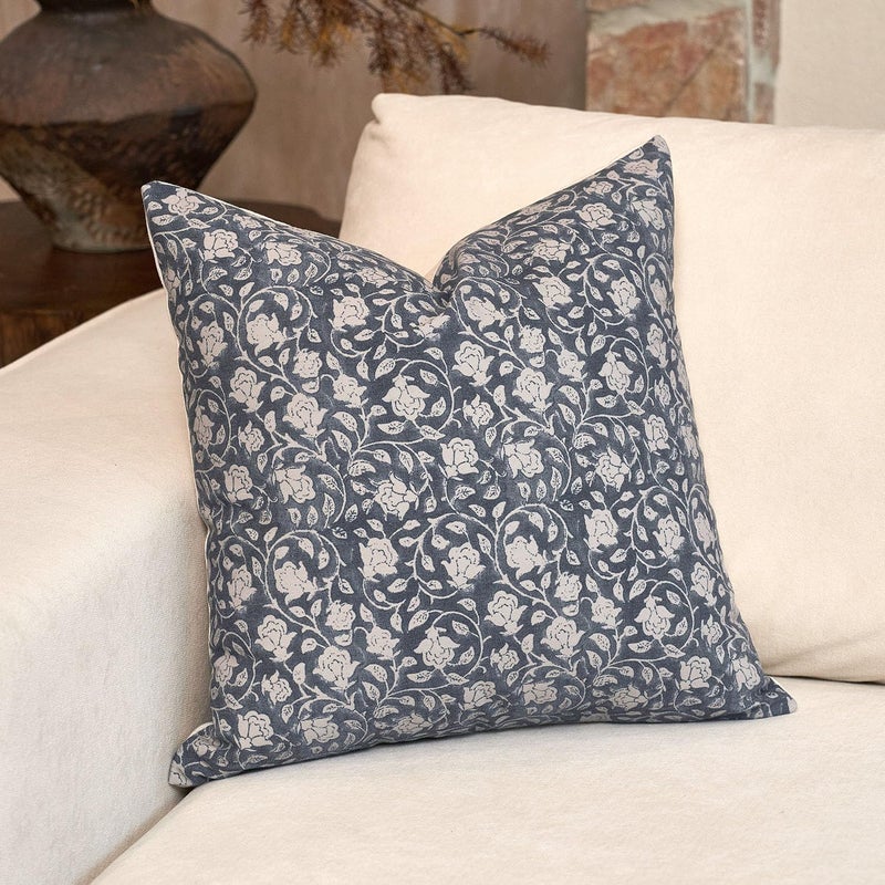DOMVITUS Floral Pillow Covers, 24x24 Throw Pillows for Couch, Block Print Decorative Neutral Accent Pillow, 1PC, Dusty Blue - Image 1
