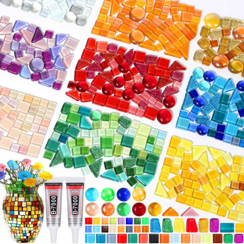 Tetutor Glass Mosaic Tiles for Crafts Bulk with B7000 Glue,700g Irregular Tiny Mosaic Glass Pieces for Mosaic Projects,DIY Mosaic Art Decor - Image 1