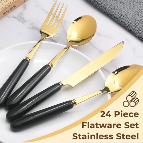 Artek Stainless Steel Spoons, Forks & Knives Set of 24 with Stand and Ceramic Handle Golden Cutlery Set (Black) - Image 5