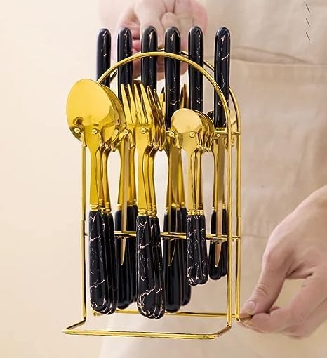 Artek Stainless Steel Spoons, Forks & Knives Set of 24 with Stand and Ceramic Handle Golden Cutlery Set (Black) - Image 2