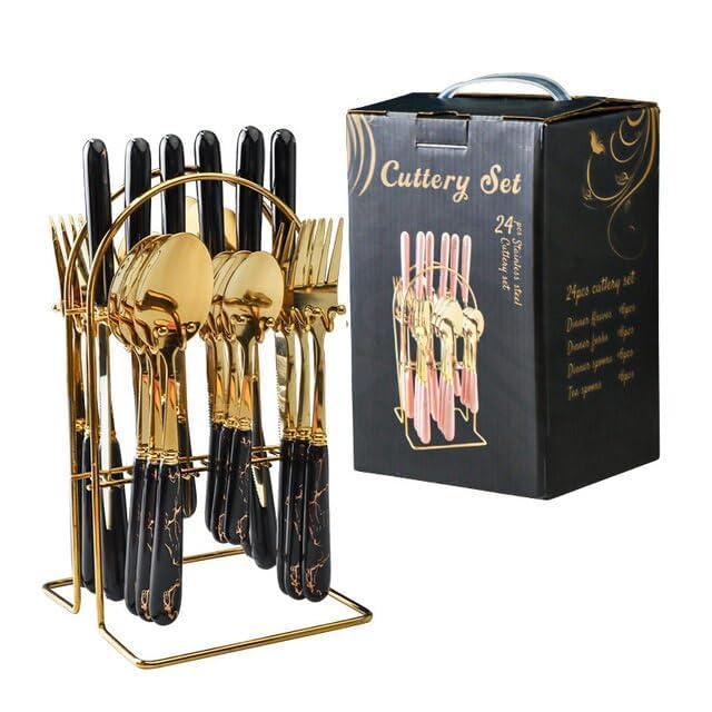 Artek Stainless Steel Spoons, Forks & Knives Set of 24 with Stand and Ceramic Handle Golden Cutlery Set (Black) - Image 3