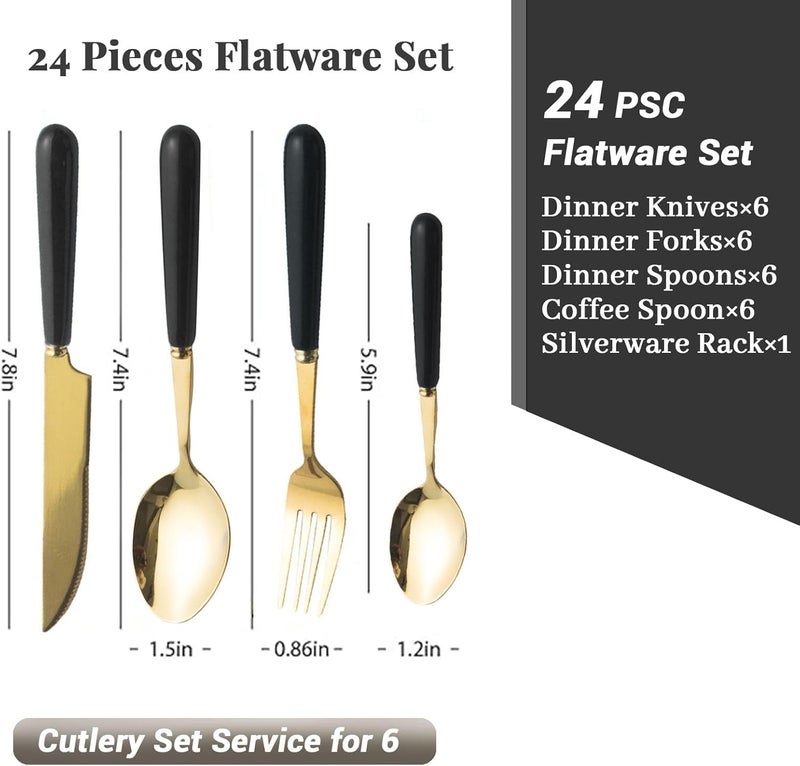 Artek Stainless Steel Spoons, Forks & Knives Set of 24 with Stand and Ceramic Handle Golden Cutlery Set (Black) - Image 4