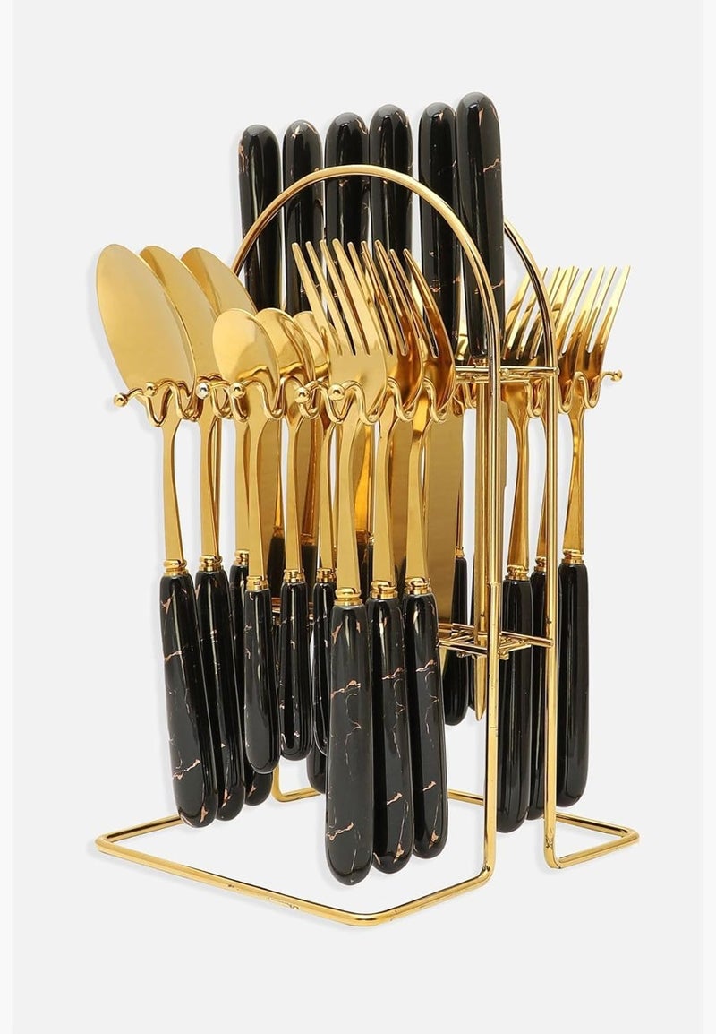 Artek Stainless Steel Spoons, Forks & Knives Set of 24 with Stand and Ceramic Handle Golden Cutlery Set (Black) - Image 1