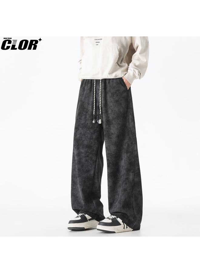Clor American Style Tie-dye Corduroy Distressed Pants Men's Autumn Loose Straight Casual Trousers Cl105 Black 2XL - Image 1