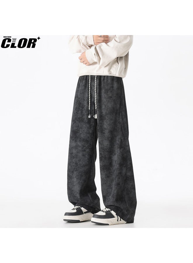Clor American Style Tie-dye Corduroy Distressed Pants Men's Autumn Loose Straight Casual Trousers Cl105 Black 2XL - Image 4