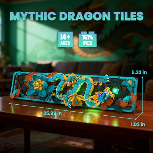 JMBricklayer Mythic Dragon Tiles Building Block Sets with LED Lights for Adult 70019 Wall Art Crafts Frame Building Set Dragon Toy with Flowers Model Building Block Kit for Adult Home Office Decor - Image 5