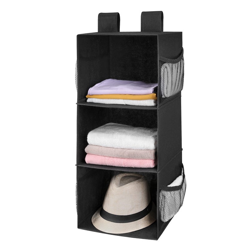 MAX Houser 3Shelf Hanging Closet Organizer Hanging Sweater Organizer Foldable Hanging Shelves for Closet with 2 Velcro Black