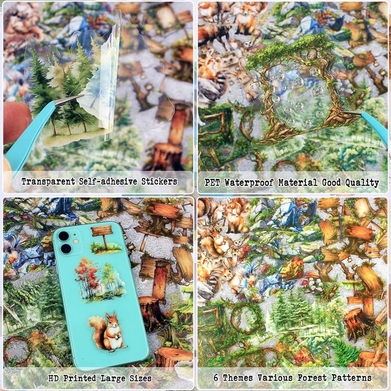 Dwpetzo 150Pcs PET Forest Landscape Stickers for Journaling and Scrapbooking, 6 Themes with Pine Trees Woodland Animals Wooden Stumps Moss Nature Scene Stickers for Junk Journal Supplies, Collage - Image 3