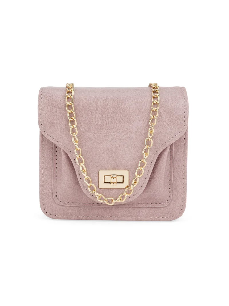 Globus Women Pink Textured Twistlock Small Square Party Sling Bag With Detachable Chain Strap