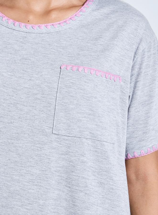Styli Gray Solid Short Sleeves T-Shirt Nightdress with Pink Embroidery Trims - Image 4