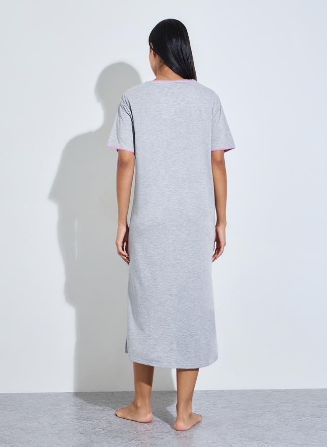 Styli Gray Solid Short Sleeves T-Shirt Nightdress with Pink Embroidery Trims - Image 5