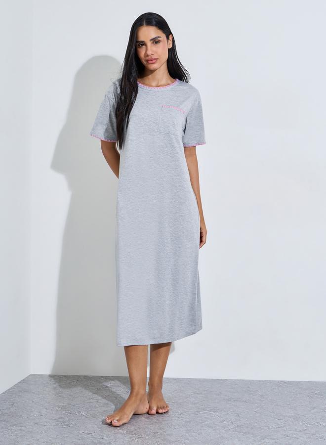 Styli Gray Solid Short Sleeves T-Shirt Nightdress with Pink Embroidery Trims - Image 3
