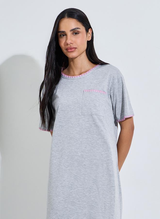 Styli Gray Solid Short Sleeves T-Shirt Nightdress with Pink Embroidery Trims - Image 2