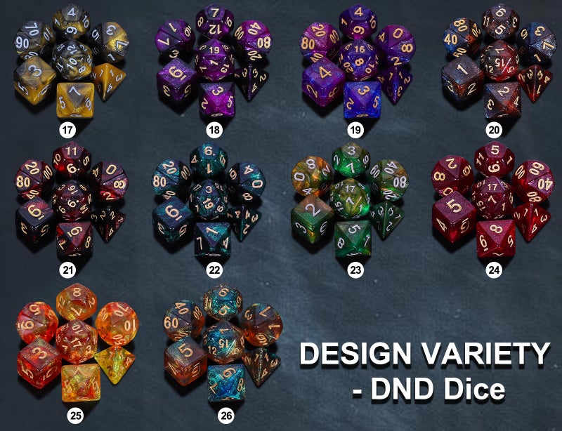 CiaraQ DND Dice Sets - 26 X 7 Polyhedral Dice (182pcs) with a Large Drawstring Bag for Dungeons and Dragons, Role Playing Table Game. Multiple Colors, Glitter Swirl Design with Gold Numbers. - Image 3