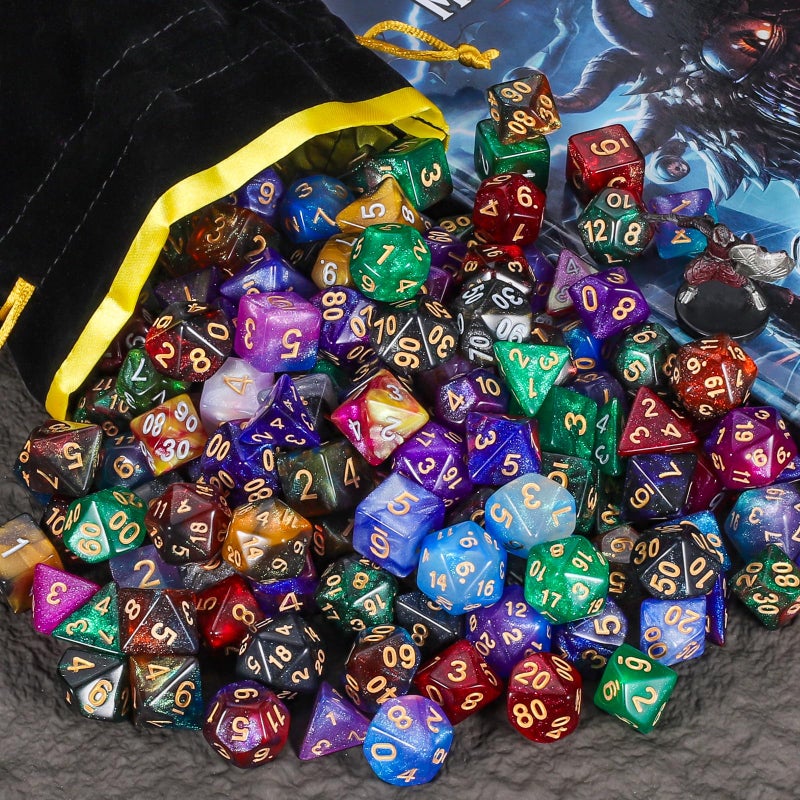 CiaraQ DND Dice Sets - 26 X 7 Polyhedral Dice (182pcs) with a Large Drawstring Bag for Dungeons and Dragons, Role Playing Table Game. Multiple Colors, Glitter Swirl Design with Gold Numbers. - Image 4