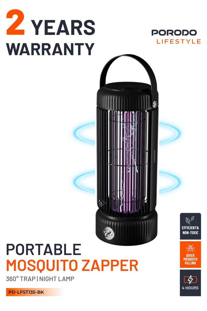 porodo Lifestyle Portable Insect Zapper with 360° Trap & Night Lamp / Built-In UV LED Lamp / Efficient & Non-Toxic / Up to 4 Hours Working  - Black - Image 1