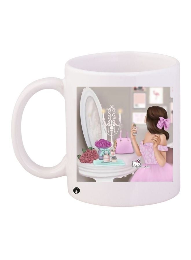 RYN Cartoon Girl Printed Coffee Mug White/Pink/Grey 11ounce