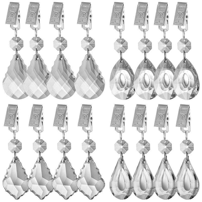 AVLA 16 Pack Tablecloth Weights Kit Crystal Table Cover Pendants with Metal Clip Clamps Glass Heavy Teardrop Prisms Table Cloth Hangers for Decoration Outdoor Picnic Family Dinner Party Garden