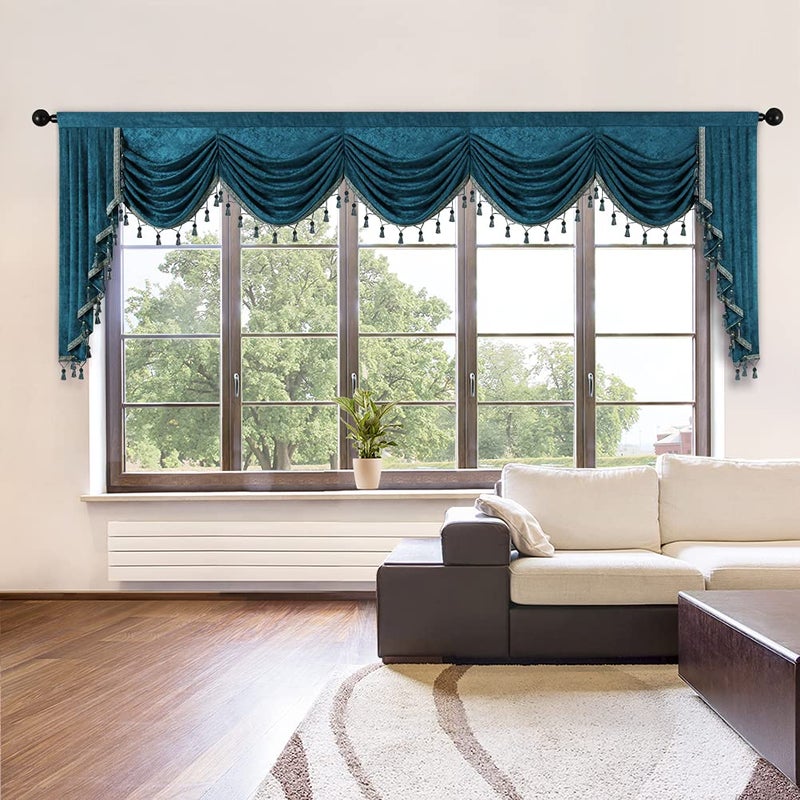 ELKCA ELKCA Thick Chenille Window Curtains Swag Valance for Living Room Peacock Blue Waterfall Valance for Bedroom Rod Pocket 1 Panel (Peacock Blue  W138)  - Image 1