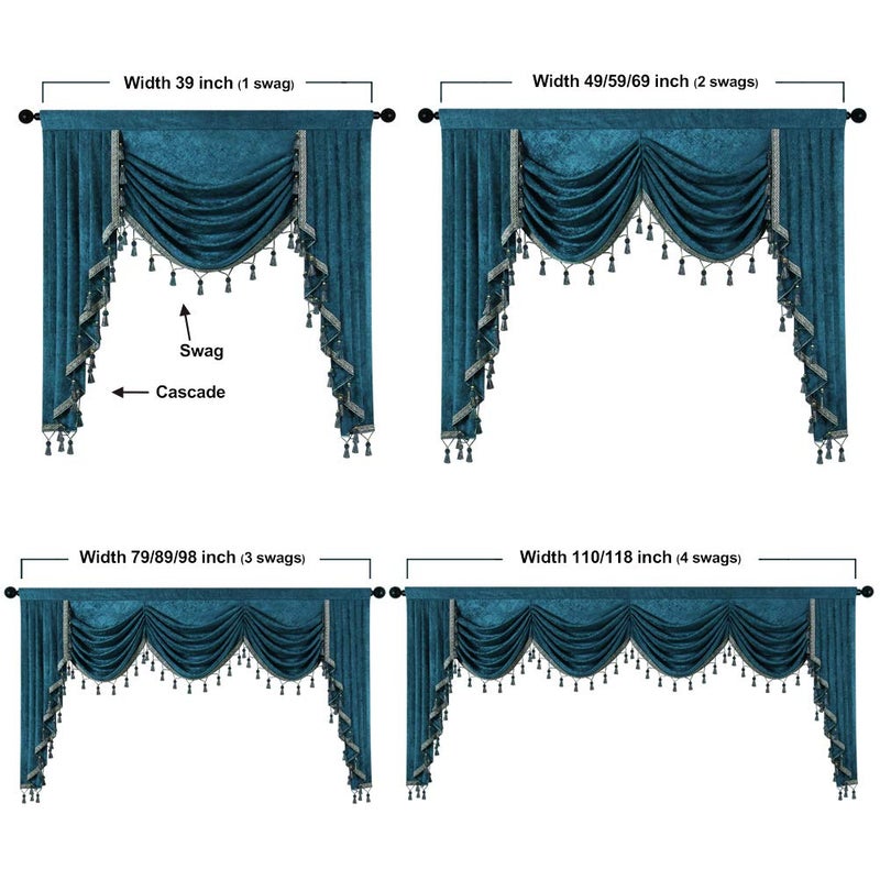 ELKCA ELKCA Thick Chenille Window Curtains Swag Valance for Living Room Peacock Blue Waterfall Valance for Bedroom Rod Pocket 1 Panel (Peacock Blue  W138)  - Image 5