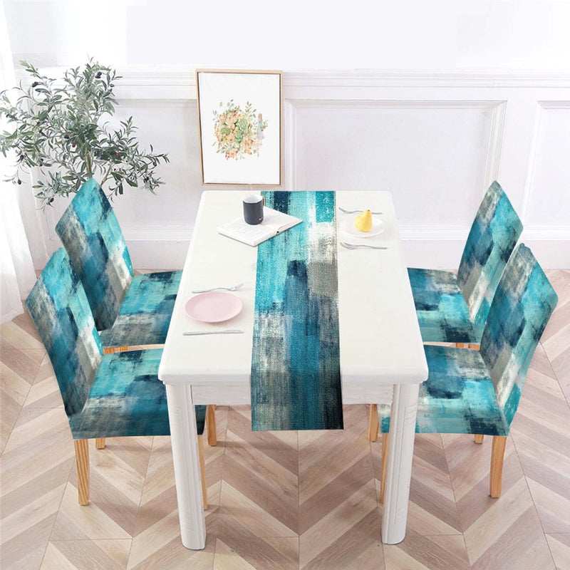 MCALK Turquoise Chair Covers Set of 4 and Table RunnerStretch Grey Chair Slipcovers for KitchenWashable Removable Chair Protector Modern Chair Covers for Dining Room