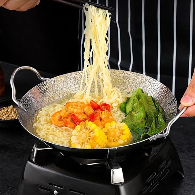 PIPULSE Round Wok with Handle Korean Noodle Pot Stir Fry Pan HandHammered Stainless Steel Heavy Weight Kadhai Flat Bottom Induction Kitchen Deep Kadhai Tool - Image 4