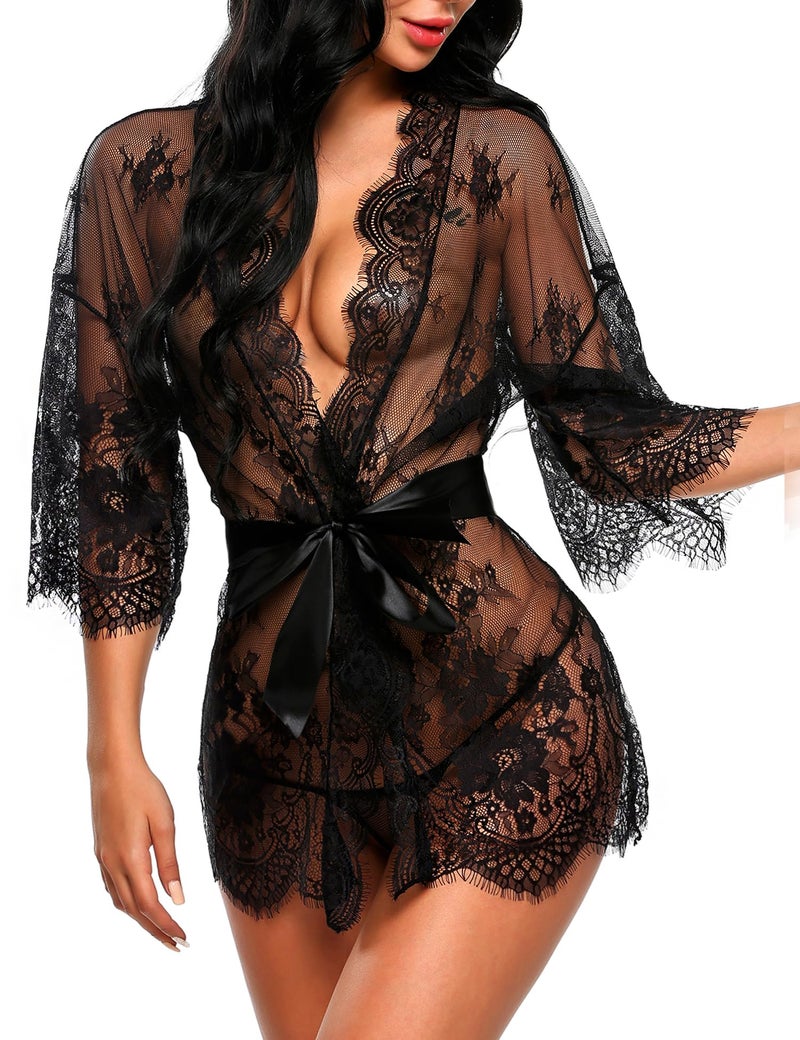 Avidlove lace robe Women's Lace Kimono Robe Babydoll Lingerie Mesh Nightgown Black L - Image 1