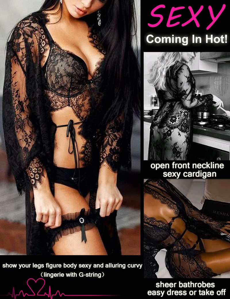 Avidlove lace robe Women's Lace Kimono Robe Babydoll Lingerie Mesh Nightgown Black L - Image 3