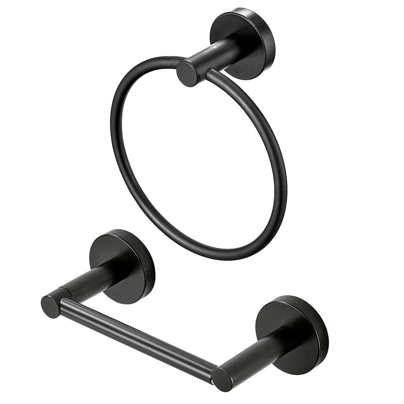 FAIRGIA Black Toilet Paper Holder Towel Ring Matte Bathroom Accessories Set Hand Towel Holder Wall Mount Bath Hardware TP Tissue Roll Holder with Double Post Pivoting SUS304 Stainless Steel 2pc
