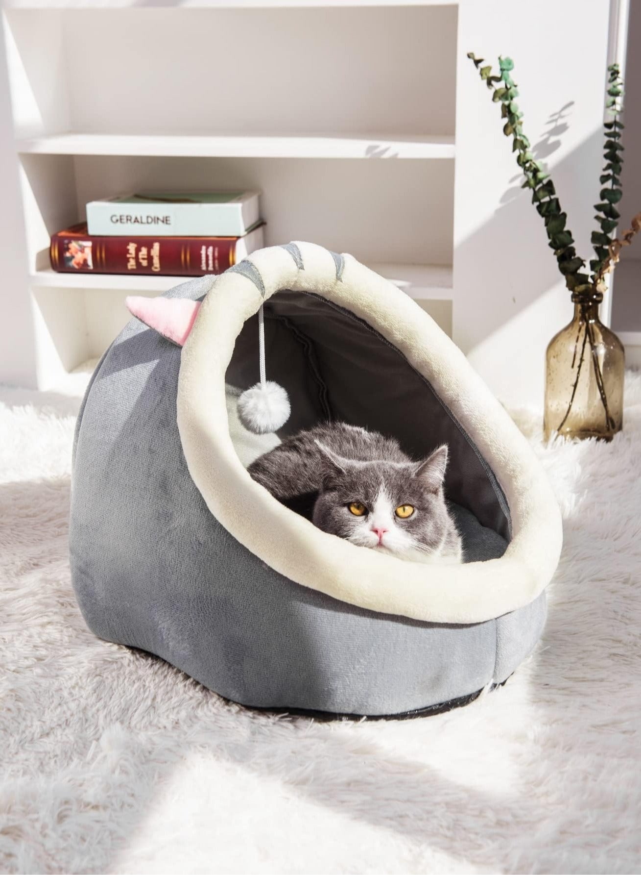 Cat Bed Pet Cave Bed with Anti-Slip Bottom, Suitable for All Cats & Small Dogs, Pet Bed with Removable Washable Cushion, Soft Calming Bed with Hanging Toy Ideal for Cats and Puppy or Rabbit