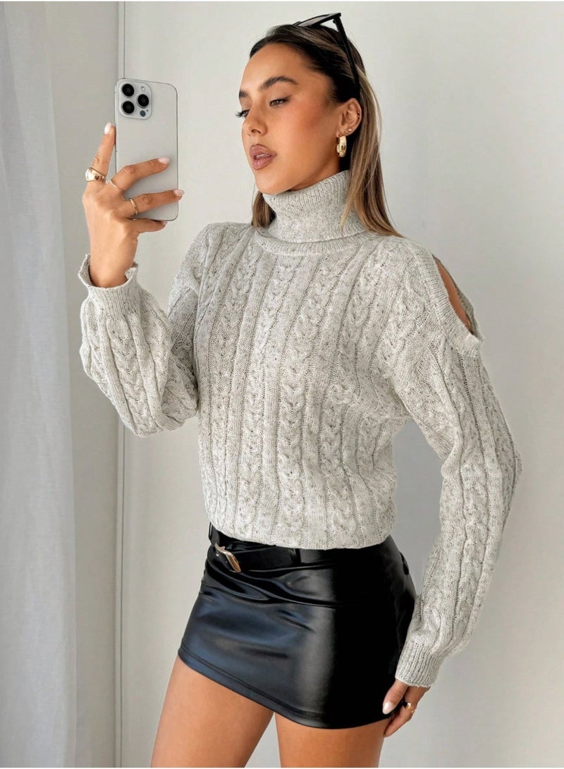 SHEIN Turtleneck Cold Shoulder Cable Knit Sweater - Image 1