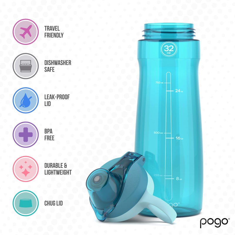 Pogo BPA-Free Plastic Water Bottle with Chug Lid, Blue Atoll, 32 oz. - Image 3