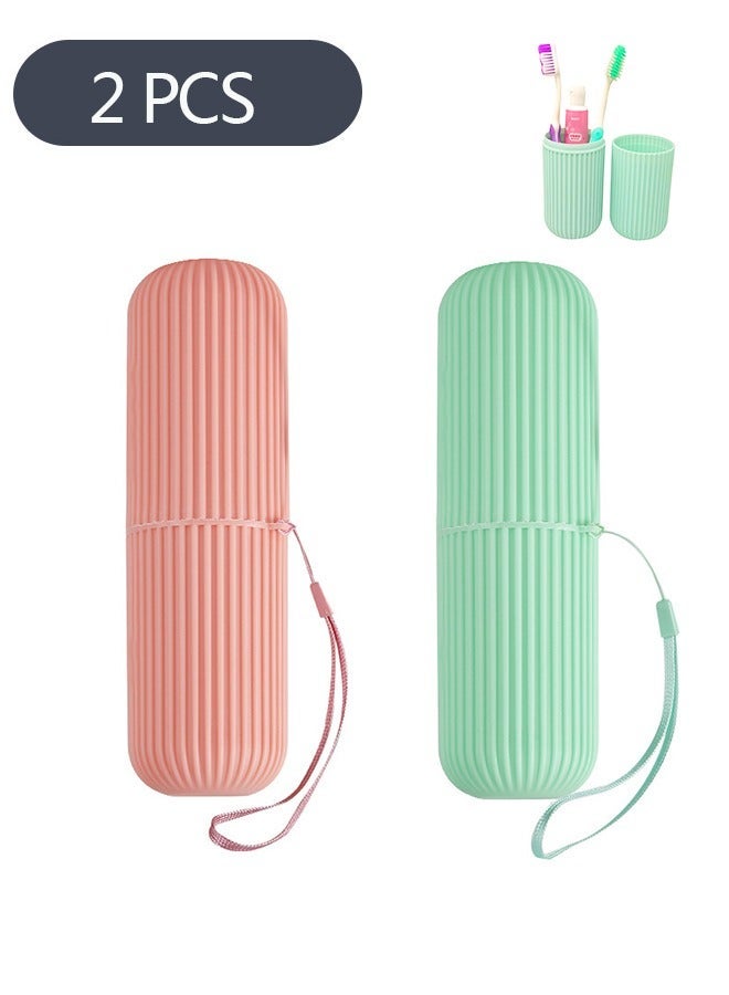 2Pcs Travel Toothbrush and Toothpaste Cup Holder, Portable Toothbrush Case for Storage Toothbrushes and Toothpaste, Toothbrush Case Box Holder Container for Camping Bathroom School Trip (Pink Green)  - Image 1