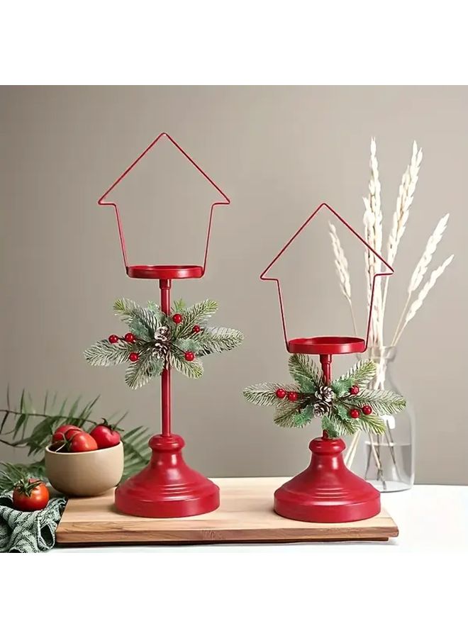 2 Piece Red Iron Candle Holder Set House Shaped Top With Pine Branches For Christmas Decor - Image 1