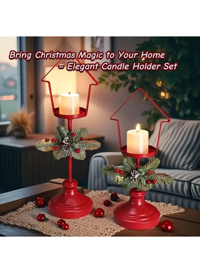2 Piece Red Iron Candle Holder Set House Shaped Top With Pine Branches For Christmas Decor - Image 4