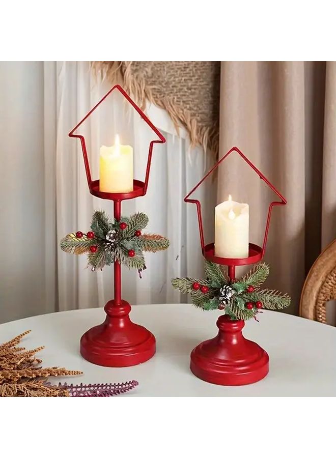 2 Piece Red Iron Candle Holder Set House Shaped Top With Pine Branches For Christmas Decor - Image 2