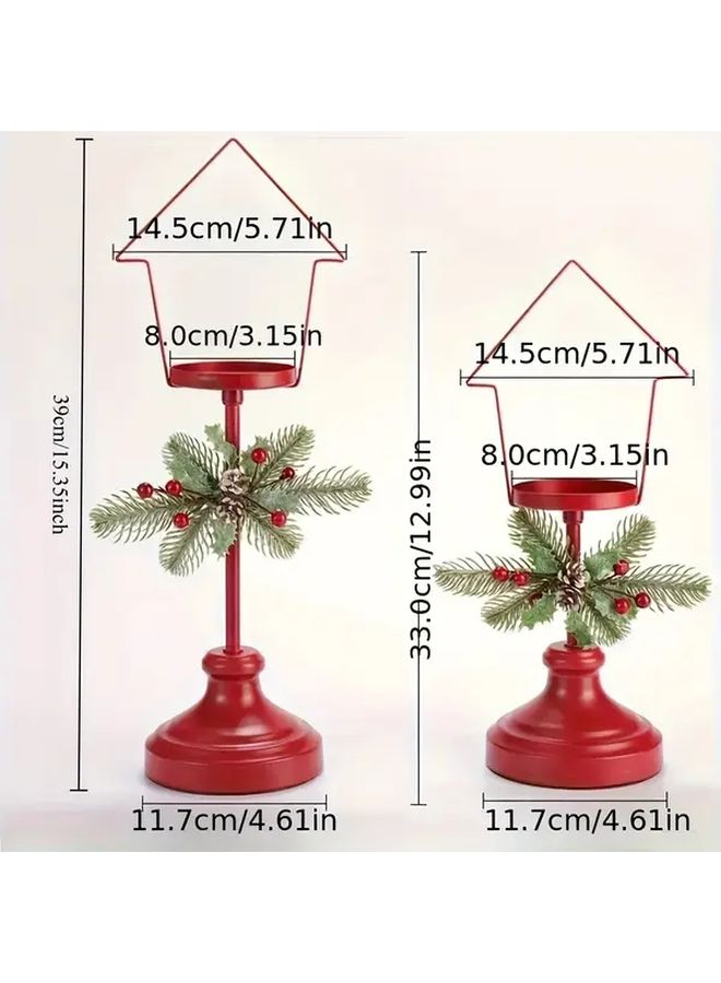 2 Piece Red Iron Candle Holder Set House Shaped Top With Pine Branches For Christmas Decor - Image 3