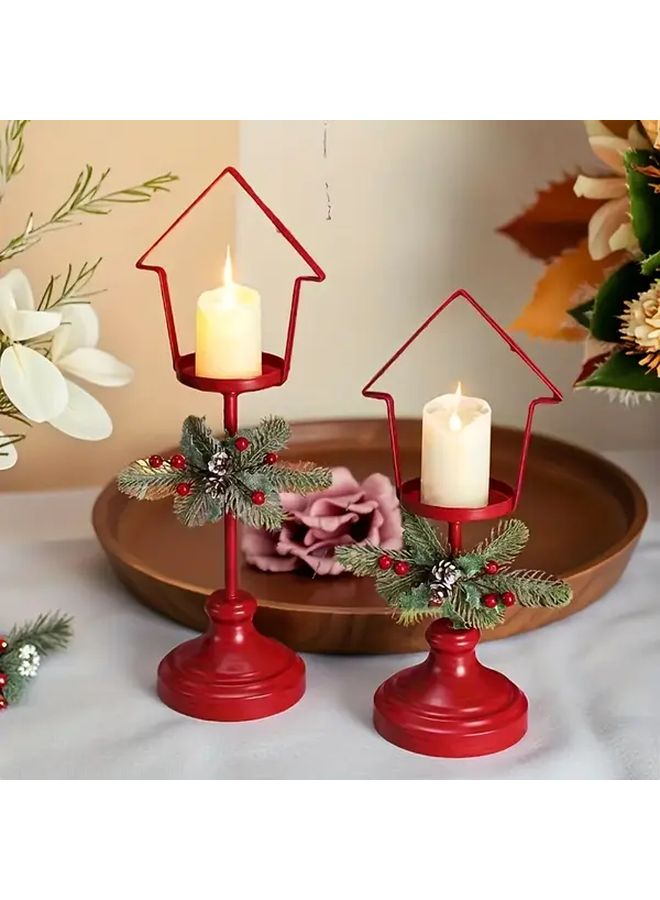 2 Piece Red Iron Candle Holder Set House Shaped Top With Pine Branches For Christmas Decor - Image 5