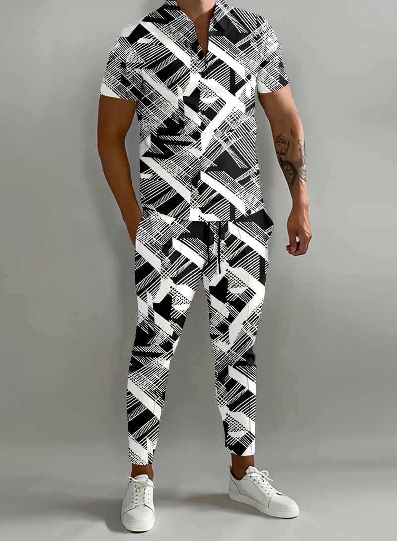 KUYING New Men's 3D Printed Gradient Short Sleeved Polo Pants Casual Two-Piece Set 