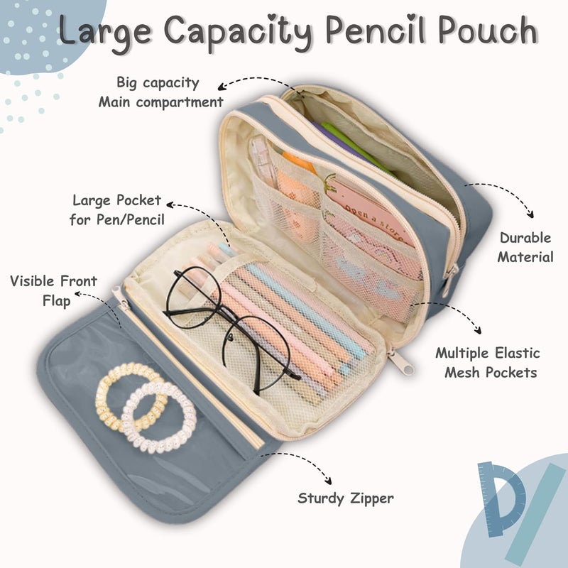 FINEMOE Large Capacity 9-Layer Canvas Pencil Pouch for Girls & Boys, Multipurpose Aesthetic Pouch for Stationery Items, Makeup, Accessories, College Essentials for Students, Gift for Kids (Blue) - Image 2