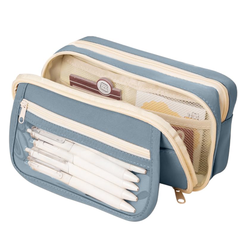 FINEMOE Large Capacity 9-Layer Canvas Pencil Pouch for Girls & Boys, Multipurpose Aesthetic Pouch for Stationery Items, Makeup, Accessories, College Essentials for Students, Gift for Kids (Blue) - Image 1