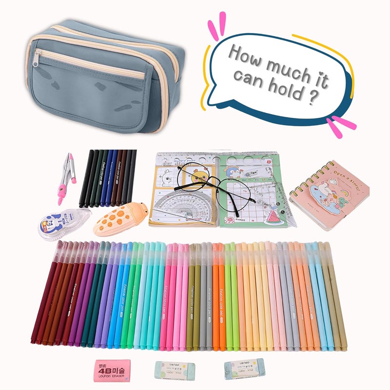 FINEMOE Large Capacity 9-Layer Canvas Pencil Pouch for Girls & Boys, Multipurpose Aesthetic Pouch for Stationery Items, Makeup, Accessories, College Essentials for Students, Gift for Kids (Blue) - Image 5
