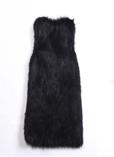 Medium Long Warm Imitation Fox Fur Vest Black