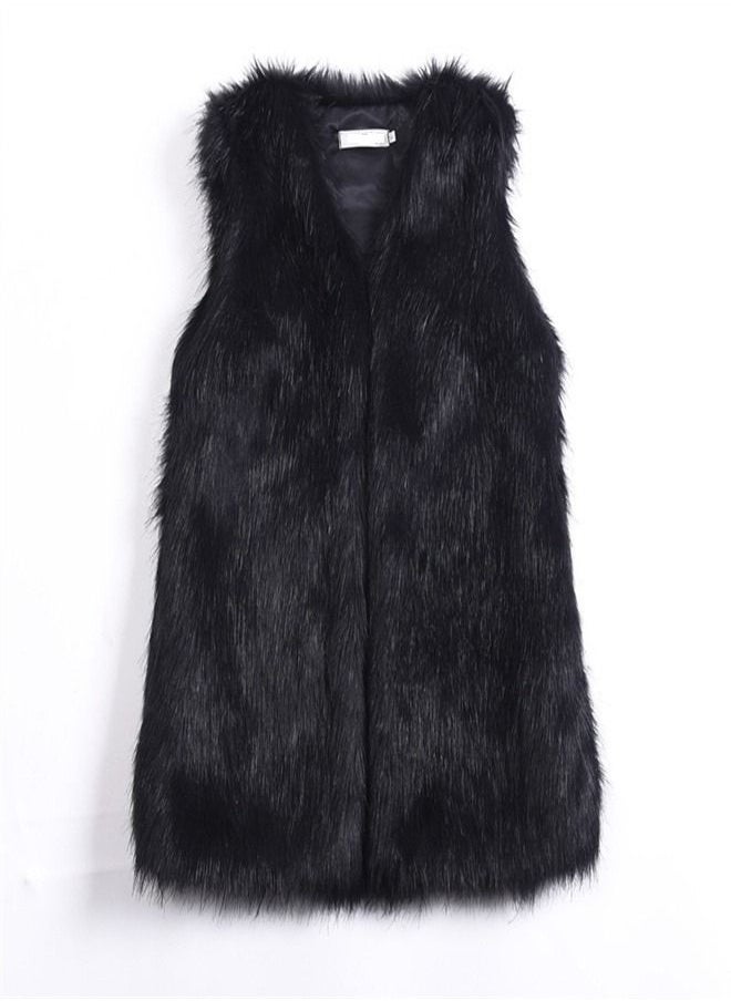 Loquat Medium Long Warm Imitation Fox Fur Vest Black  - Image 2