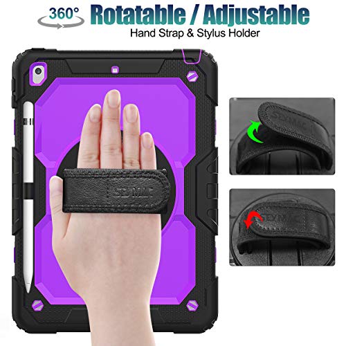 SEYMAC stock Case for iPad 9th/ 8th/ 7th Generation 10.2'', Shockproof with Screen Protector, Pencil Holder [360° Rotating Hand Strap] & Stand, for iPad 10.2 inch 2021-2019 (Purple+Black) - Image 2