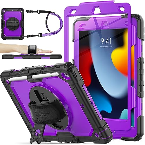 SEYMAC stock Case for iPad 9th/ 8th/ 7th Generation 10.2'', Shockproof with Screen Protector, Pencil Holder [360° Rotating Hand Strap] & Stand, for iPad 10.2 inch 2021-2019 (Purple+Black) - Image 1